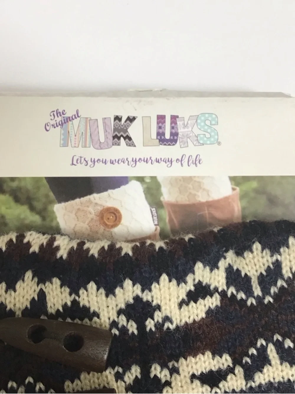 Muk Luks Boot Toppers Knit Cuff Navy Blue Brown Argyle Wood Button Acrylic NEW